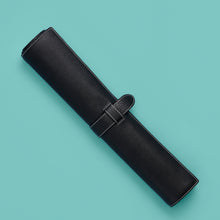 Load image into Gallery viewer, Luxury black leather travel backgammon set, shown rolled up