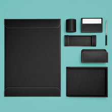 Load image into Gallery viewer, High-end black leather desk set, shown with all components. Pictured: blotter, memo box, letter rack, letter opener, letter tray, pen tray, and pen cup.