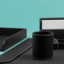 Load image into Gallery viewer, High-end black leather desk set, shown with all components. Close up of pen cup shown with other accessories in background.