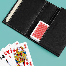 Load image into Gallery viewer, High-end leather game card case with white contrast stitching. Black leather, shown open with playing cards (included).