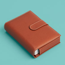 Load image into Gallery viewer, High-end leather game card case with white contrast stitching. Brown leather, shown closed.