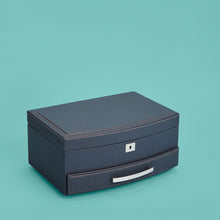 Load image into Gallery viewer, High-end leather jewelry box with drawer. Navy blue leather, shown closed..