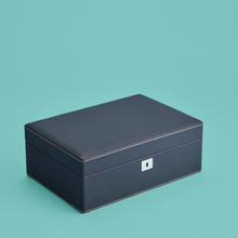 Load image into Gallery viewer, Luxury leather jewelry box, navy / blue color, with lock and key, closed