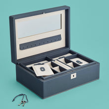 Load image into Gallery viewer, Luxury leather jewelry box, navy / blue color, with lock and key, opened to show mirror inside