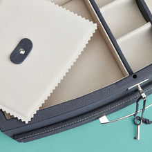 Load image into Gallery viewer, High-end leather jewelry box with drawer. Navy blue leather, detail shot of drawers and lock and key.