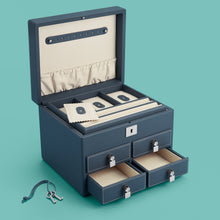 Load image into Gallery viewer, High-end leather jewelry box with 4 drawers. Navy blue leather, shown open.