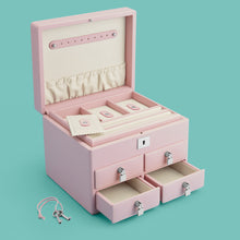 Load image into Gallery viewer, High-end leather jewelry box with 4 drawers. Light pink leather, shown open.