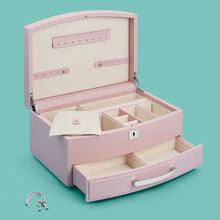 Load image into Gallery viewer, High-end leather jewelry box with drawer. Light pink leather, shown open.