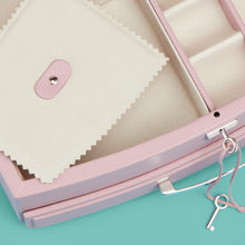 Load image into Gallery viewer, High-end leather jewelry box with drawer. Light pink leather, detail shot of drawers and lock and key.