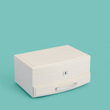 Load image into Gallery viewer, High-end leather jewelry box with drawer. Cream white leather, shown closed.