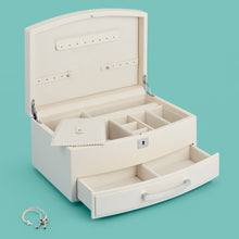 Load image into Gallery viewer, High-end leather jewelry box with drawer. Cream white leather, shown open.