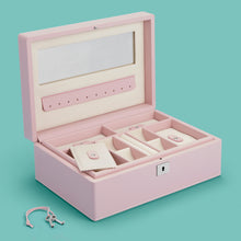 Load image into Gallery viewer, Luxury leather jewelry box, pink / rose color, with lock and key, opened