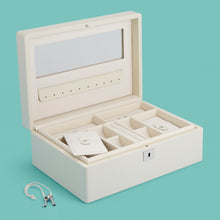 Load image into Gallery viewer, Luxury leather jewelry box, white / cream color, with lock and key, opened to show mirror