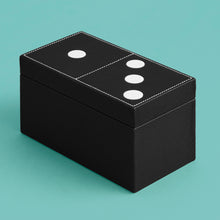 Load image into Gallery viewer, Luxury leather domino box with white contrast stitching, shown closed to show the top of the case with a domino pattern.