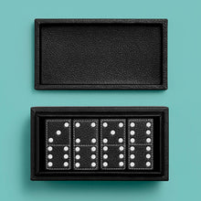 Load image into Gallery viewer, Luxury leather domino box with white contrast stitching, shown open to show four stacks of domino tiles.