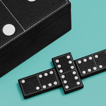 Load image into Gallery viewer, Luxury leather domino box with white contrast stitching, close up of box and tiles shown.