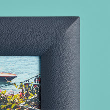 Load image into Gallery viewer, Blue / navy luxury leather picture frame, holds 8x10" photo, close up of pebbled leather