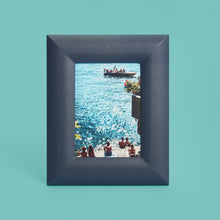Load image into Gallery viewer, Blue luxury leather picture frame, holds 5x7" photo, shown vertically