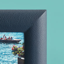 Load image into Gallery viewer, Blue luxury leather picture frame, holds 5x7" photo, shown close-up to show detail of pebbled navy blue leather