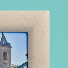 Load image into Gallery viewer, White / cream luxury leather picture frame, holds 8x10" photo, close-up of pebbled leather