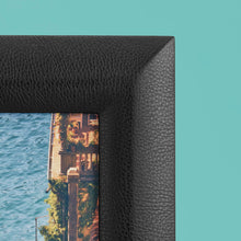 Load image into Gallery viewer, Black luxury leather picture frame, close up of corner showing pebbled black leather