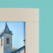 Load image into Gallery viewer, Cream luxury leather picture frame with white stitching detail, holds 8x10" photo, close-up of corner to show leather and stitching
