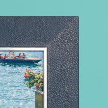 Load image into Gallery viewer, High-end leather picture frame with silver interior detail, holds 5x7 photo, navy blue leather, close-up of corner shown