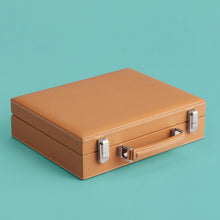 Load image into Gallery viewer, High-end leather poker case, brown / tan leather. Shown closed.
