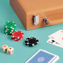 Load image into Gallery viewer, High-end leather poker case, brown / tan leather. Close-up shot of corner, chips, and playing cards.