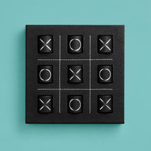 Load image into Gallery viewer, Luxury leather tic tac toe board with white stitching. Shown in black leather, shown head-on.