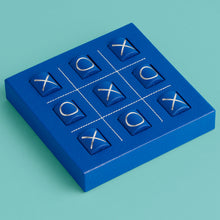 Load image into Gallery viewer, Luxury leather tic tac toe board with white stitching. Shown in blue leather.
