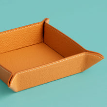 Load image into Gallery viewer, High-end leather valet tray, tan leather, shot from the side.