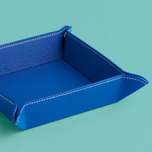 Load image into Gallery viewer, High-end leather valet tray, blue leather with white stitching.