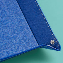 Load image into Gallery viewer, High-end leather valet tray, royal blue leather, corner shot to show detail of stitching and leather.
