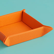 Load image into Gallery viewer, High-end leather valet tray, orange leather, view from side.