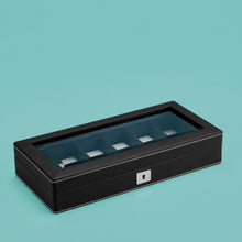 Load image into Gallery viewer, Luxury leather watch case, black with white stitching, space for 6 watches, closed.