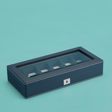Load image into Gallery viewer, Luxury leather watch case, navy / blue with white stitching, space for 6 watches, closed.