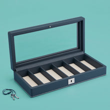 Load image into Gallery viewer, High-end watch case, navy / blue leather with white stitching, space for 6 watches, opened with key