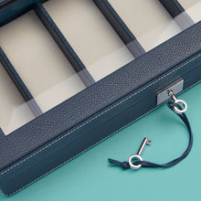 Load image into Gallery viewer, Expensive watch case, navy / blue with white stitching, close up shot to show leather and white stitching