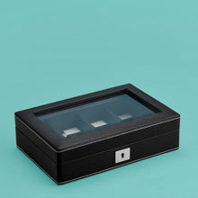 Load image into Gallery viewer, Luxury leather watch case, black leather with white stitching, space for 4 watches, closed.