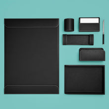 Load image into Gallery viewer, High-end black leather desk set, shown with all components. Pictured: blotter, memo box, letter rack, letter opener, letter tray, pen tray, and pen cup.
