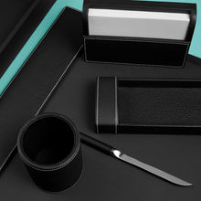 Load image into Gallery viewer, High-end black leather desk set, showing letter opener, pen case, memo box.
