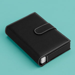 High-end leather game card case with white contrast stitching. Black leather, shown closed.