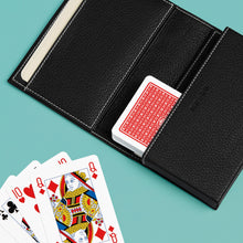 Load image into Gallery viewer, High-end leather game card case with white contrast stitching. Black leather, shown open with playing cards (included).
