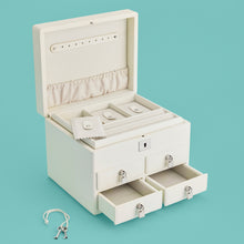 Load image into Gallery viewer, High-end leather jewelry box with 4 drawers. Cream white leather, shown open.
