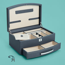 Load image into Gallery viewer, High-end leather jewelry box with drawer. Navy blue leather, shown open.
