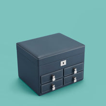Load image into Gallery viewer, High-end leather jewelry box with 4 drawers. Navy blue leather, shown closed.

