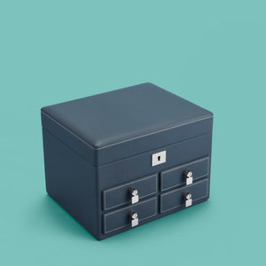 High-end leather jewelry box with 4 drawers. Navy blue leather, shown closed.