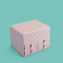Load image into Gallery viewer, High-end leather jewelry box with 4 drawers. Light pink leather, shown closed.

