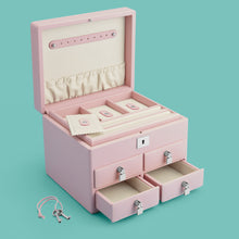 Load image into Gallery viewer, High-end leather jewelry box with 4 drawers. Light pink leather, shown open.
